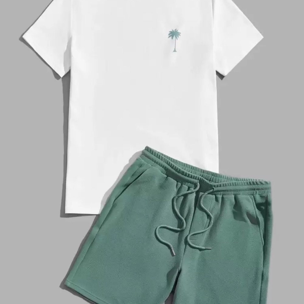 Manfinity Knitted Crew Neck Short Sleeve T-Shirt And Drawstring Shorts Set - Picture 2 of 5